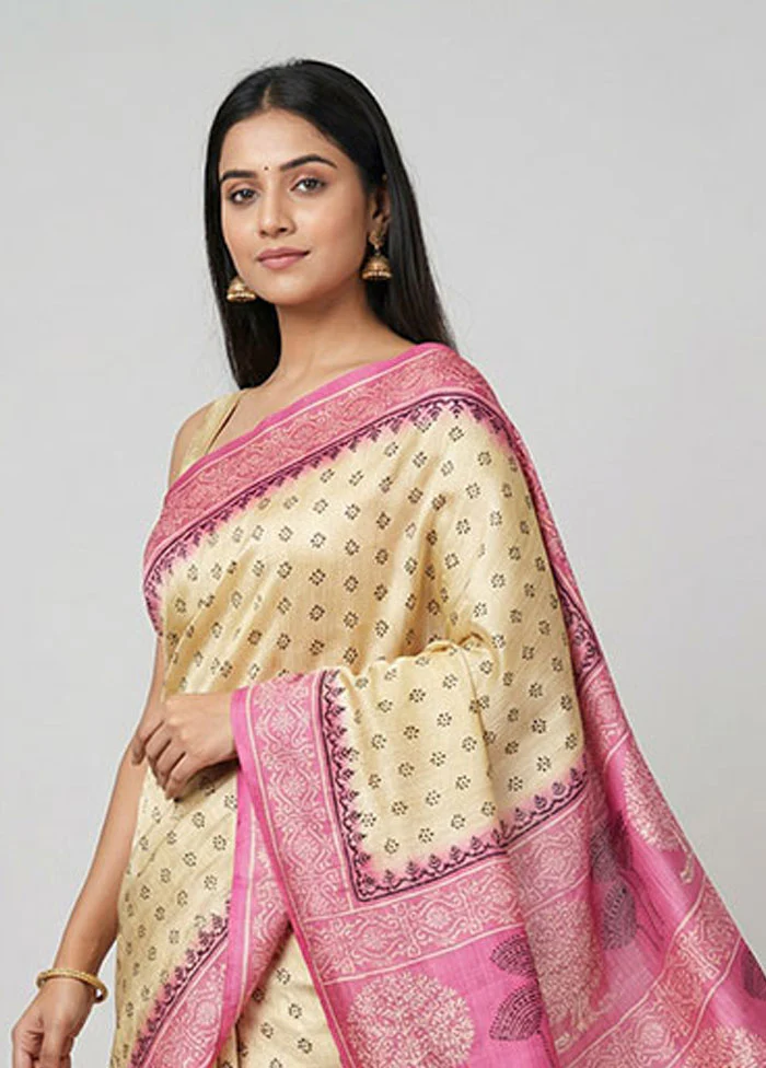 Yellow Printed Silk Saree Without Blouse Piece - Image 2
