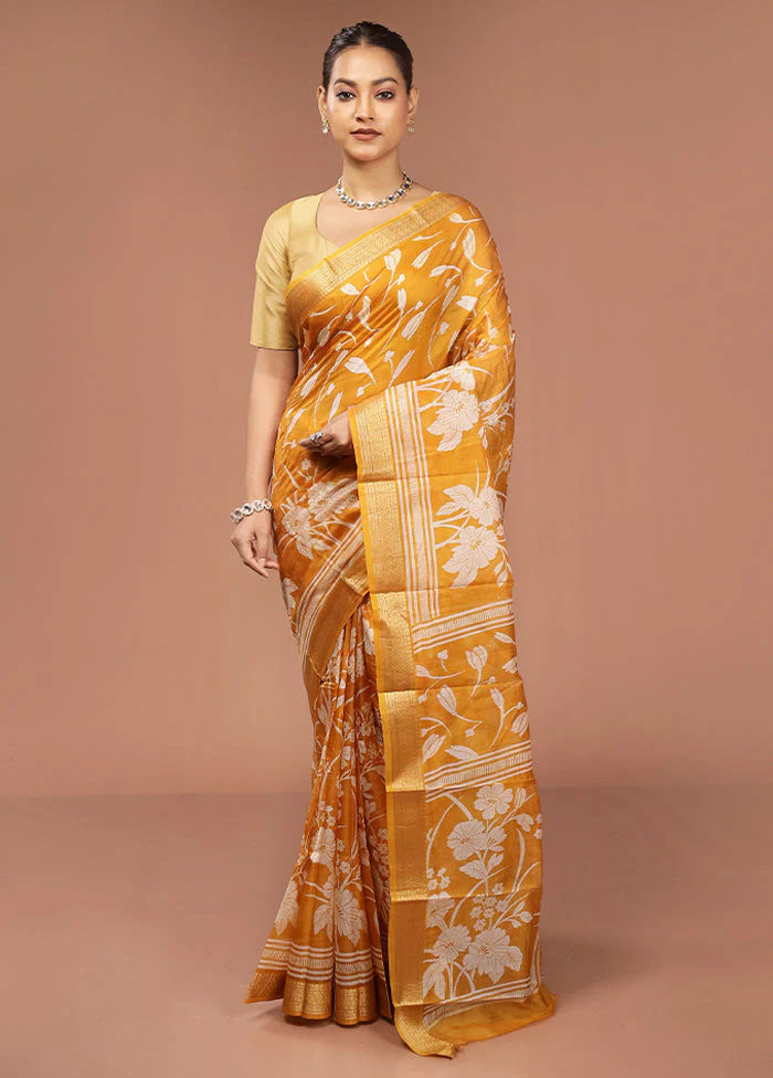 Yellow Printed Pure Silk Saree Without Blouse Piece - Image 2