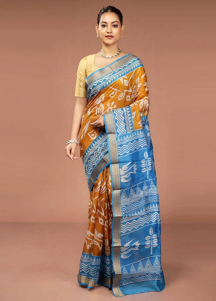 Yellow Printed Pure Silk Saree Without Blouse Piece - Image 2