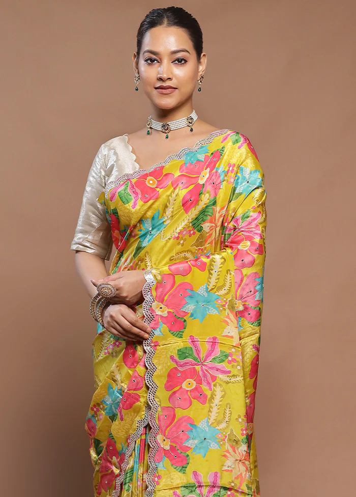 Yellow Printed Pure Silk Saree Without Blouse Piece - Image 2