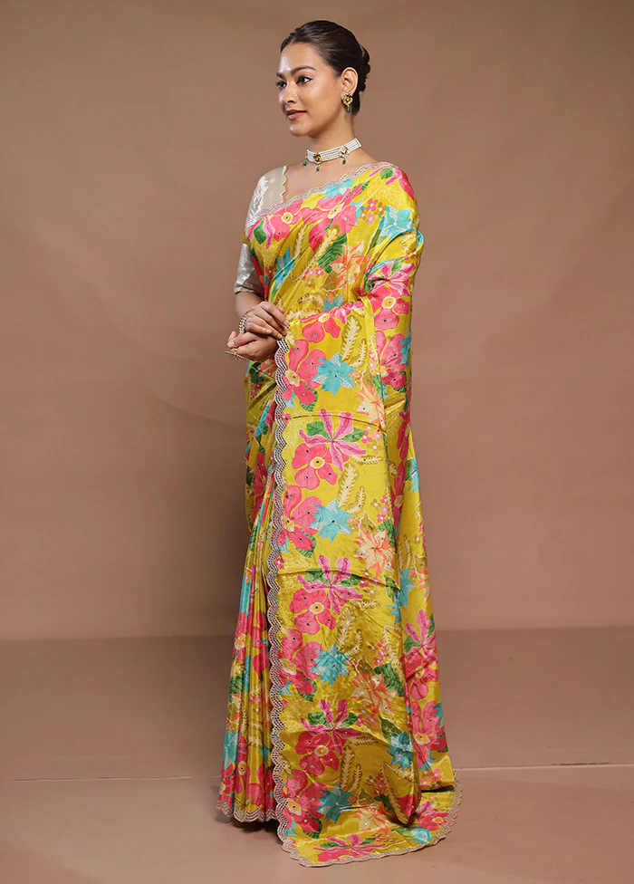 Yellow Printed Pure Silk Saree Without Blouse Piece - Image 4