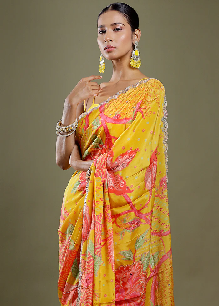 Yellow Printed Pure Silk Saree Without Blouse Piece - Image 2