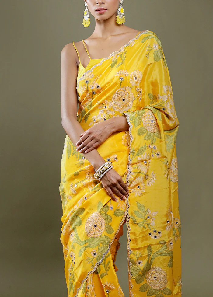 Yellow Printed Pure Silk Saree Without Blouse Piece - Image 2