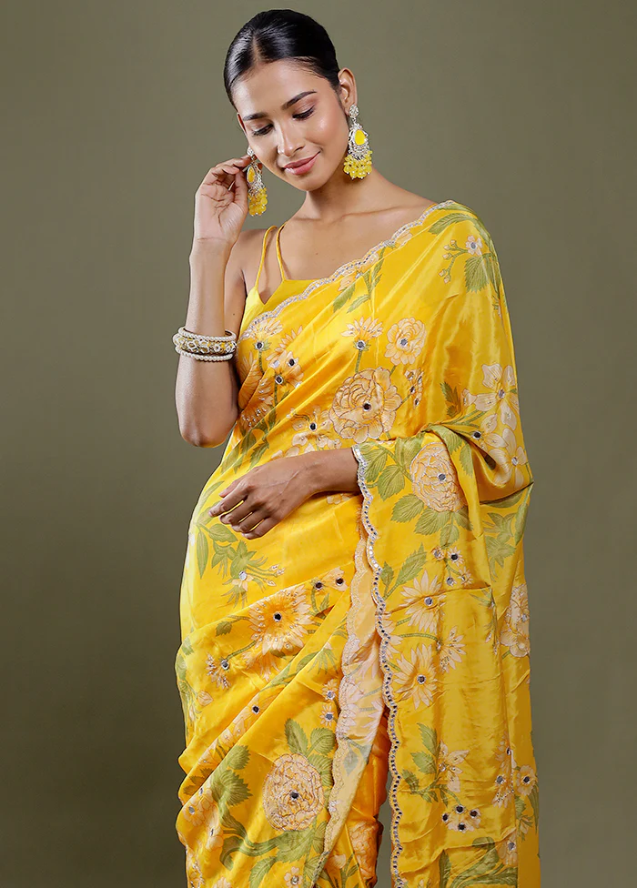 Yellow Printed Pure Silk Saree Without Blouse Piece - Image 3