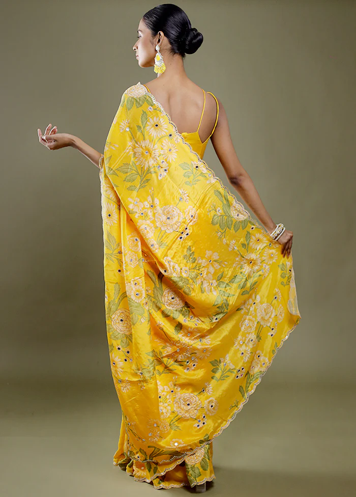 Yellow Printed Pure Silk Saree Without Blouse Piece - Image 5