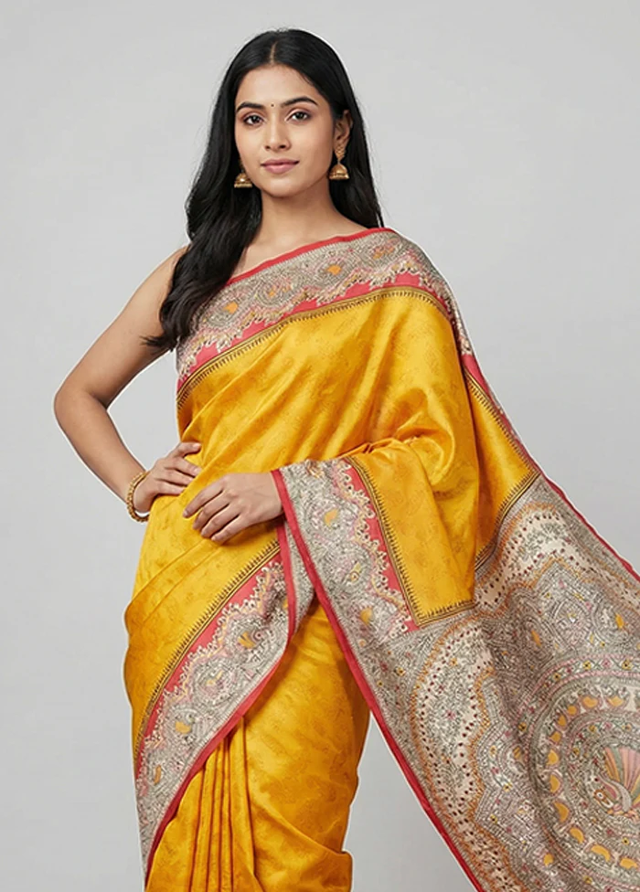 Yellow Printed Silk Saree Without Blouse Piece - Image 2