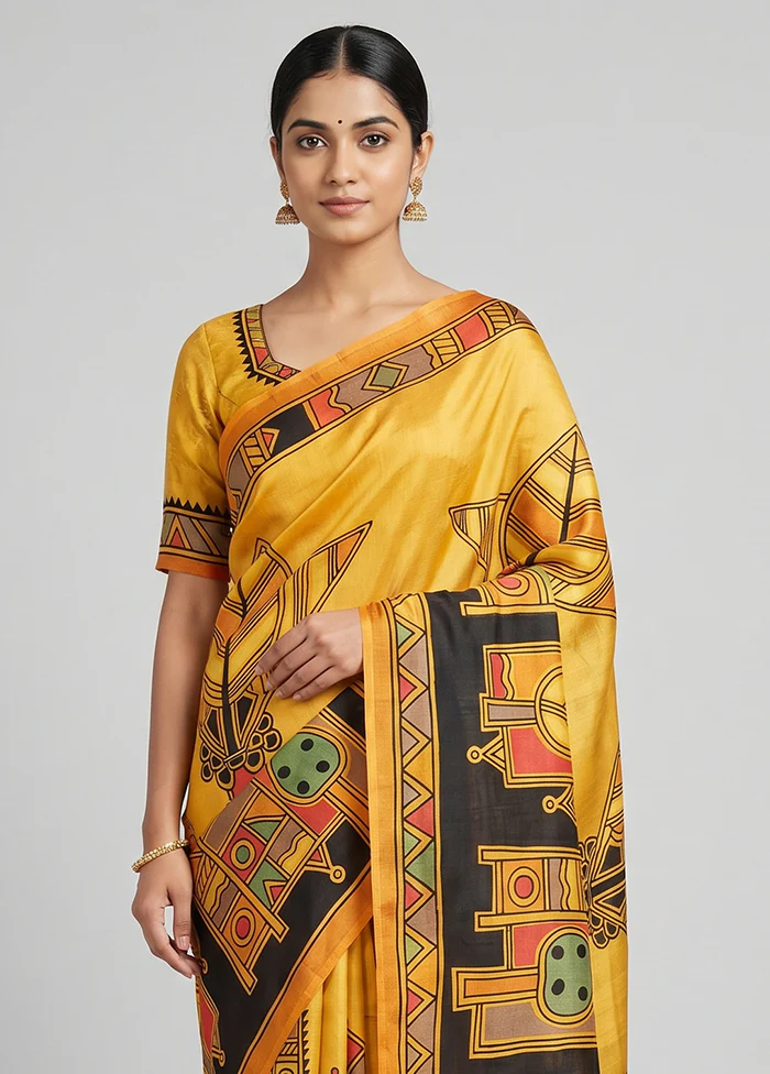 Yellow Printed Pure Silk Saree Without Blouse Piece - Image 2