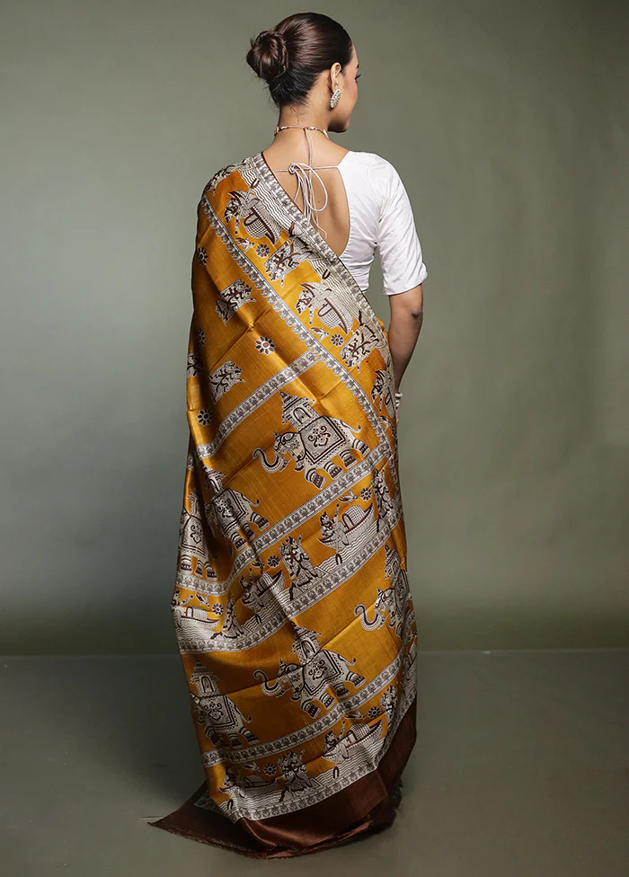 Yellow Printed Pure Silk Saree Without Blouse Piece - Image 3