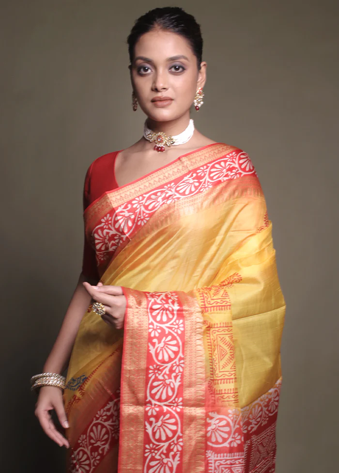 Yellow Printed Pure Silk Saree Without Blouse Piece - Image 2