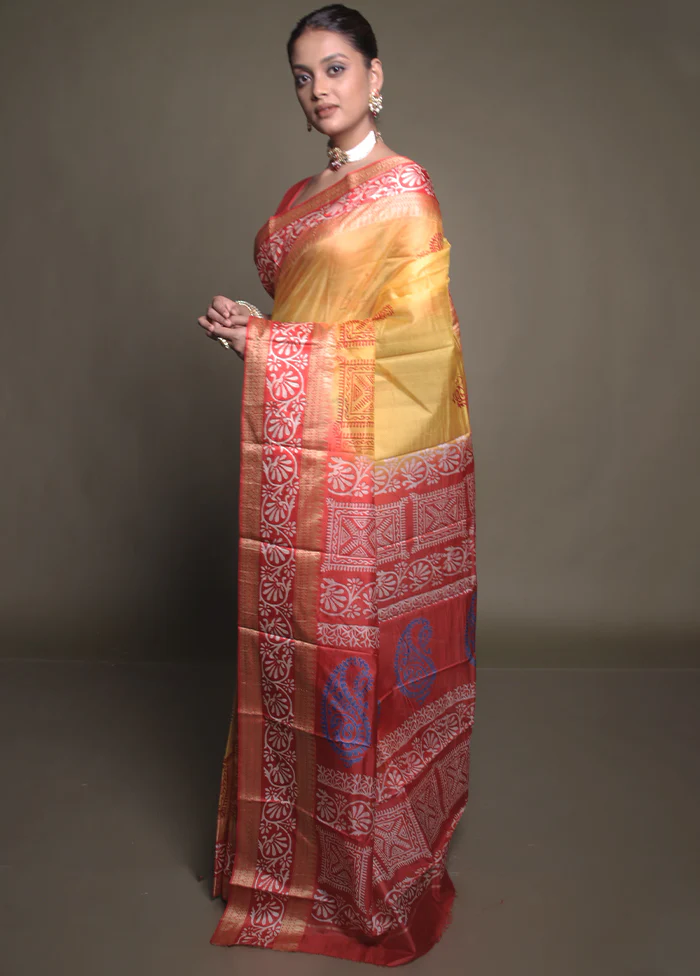 Yellow Printed Pure Silk Saree Without Blouse Piece - Image 4