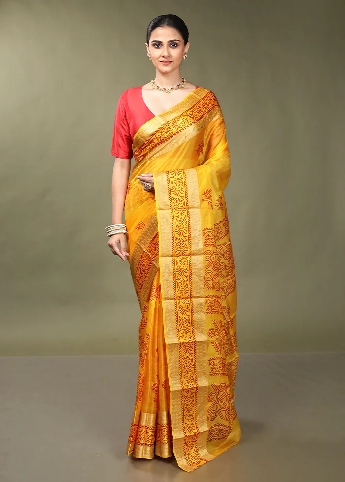 Yellow Printed Pure Silk Saree Without Blouse Piece - Image 2