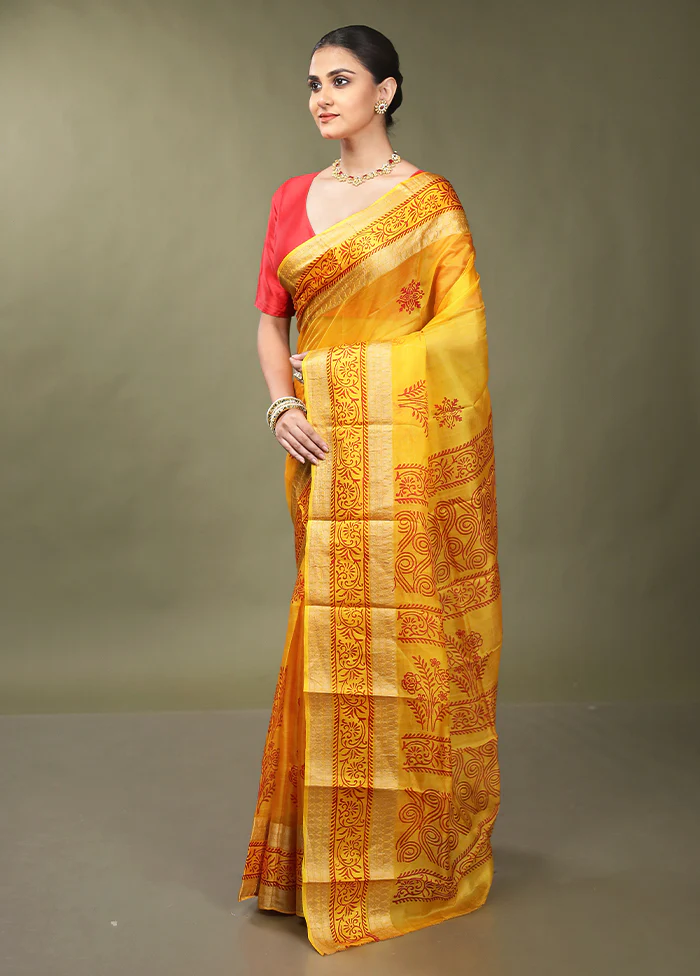 Yellow Printed Pure Silk Saree Without Blouse Piece - Image 4
