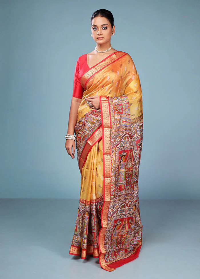 Yellow Printed Pure Silk Saree Without Blouse Piece - Image 2