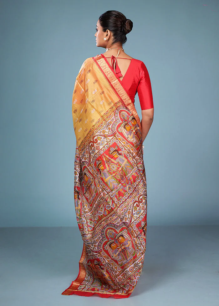Yellow Printed Pure Silk Saree Without Blouse Piece - Image 3