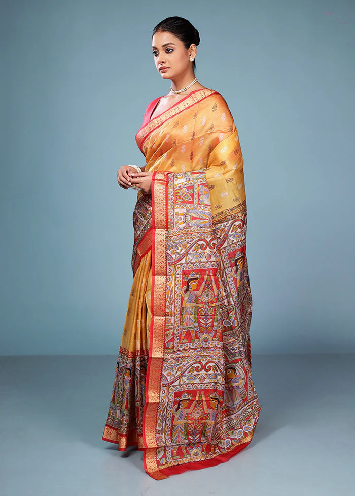 Yellow Printed Pure Silk Saree Without Blouse Piece - Image 4
