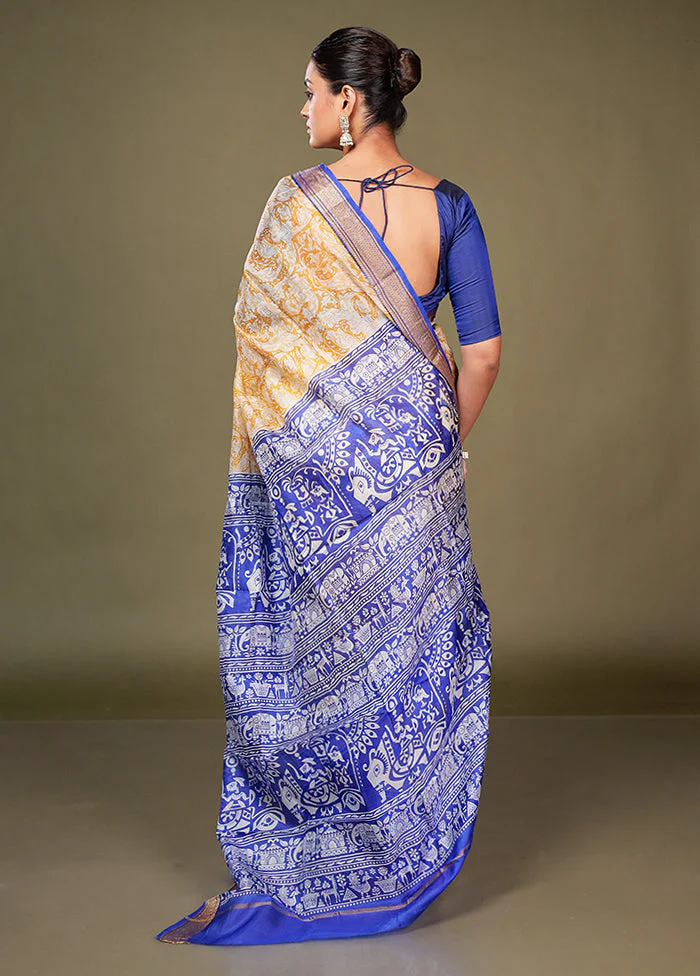 Yellow Printed Pure Silk Saree Without Blouse Piece - Image 3