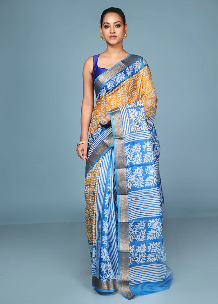 Yellow Printed Pure Silk Saree Without Blouse Piece - Image 2