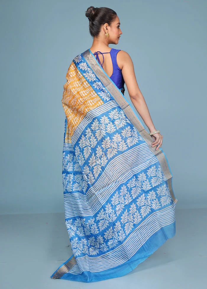 Yellow Printed Pure Silk Saree Without Blouse Piece - Image 3