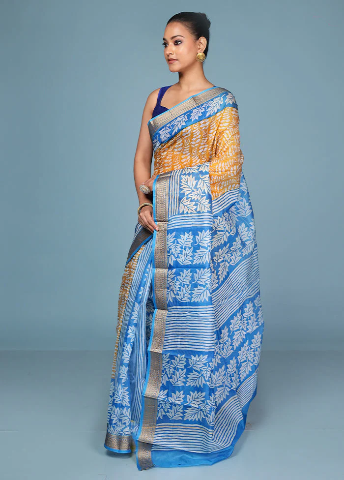 Yellow Printed Pure Silk Saree Without Blouse Piece - Image 4