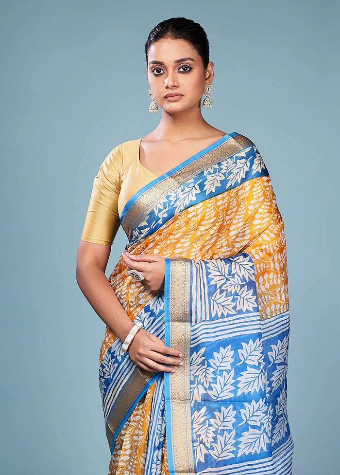 Yellow Printed Pure Silk Saree Without Blouse Piece