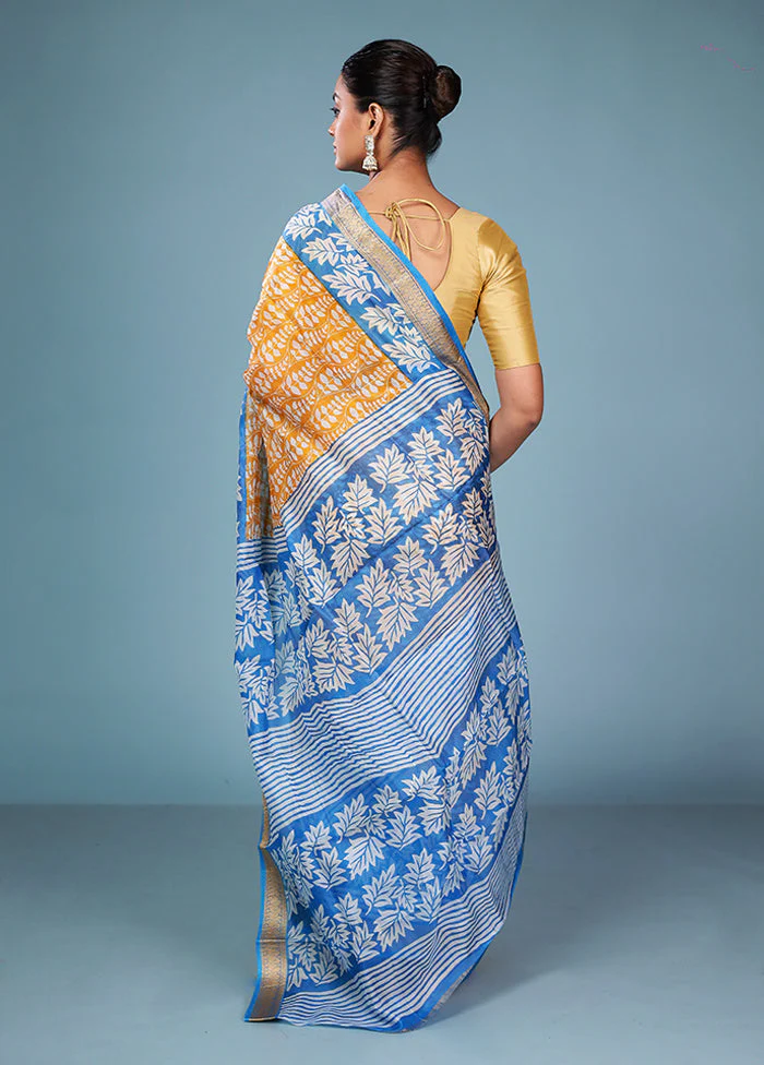 Yellow Printed Pure Silk Saree Without Blouse Piece - Image 3