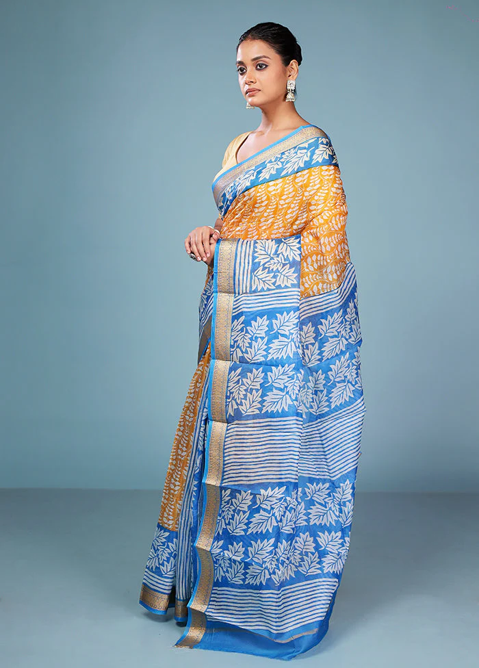 Yellow Printed Pure Silk Saree Without Blouse Piece - Image 4