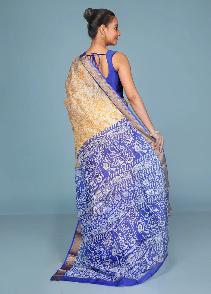 Yellow Printed Silk Saree Without Blouse Piece - Image 3