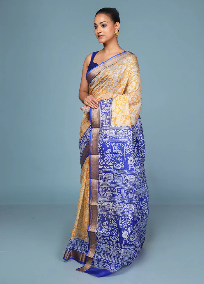 Yellow Printed Silk Saree Without Blouse Piece - Image 4