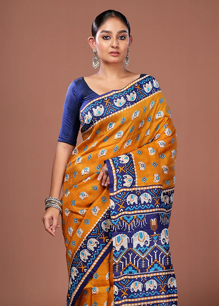 Yellow Printed Pure Silk Saree Without Blouse Piece