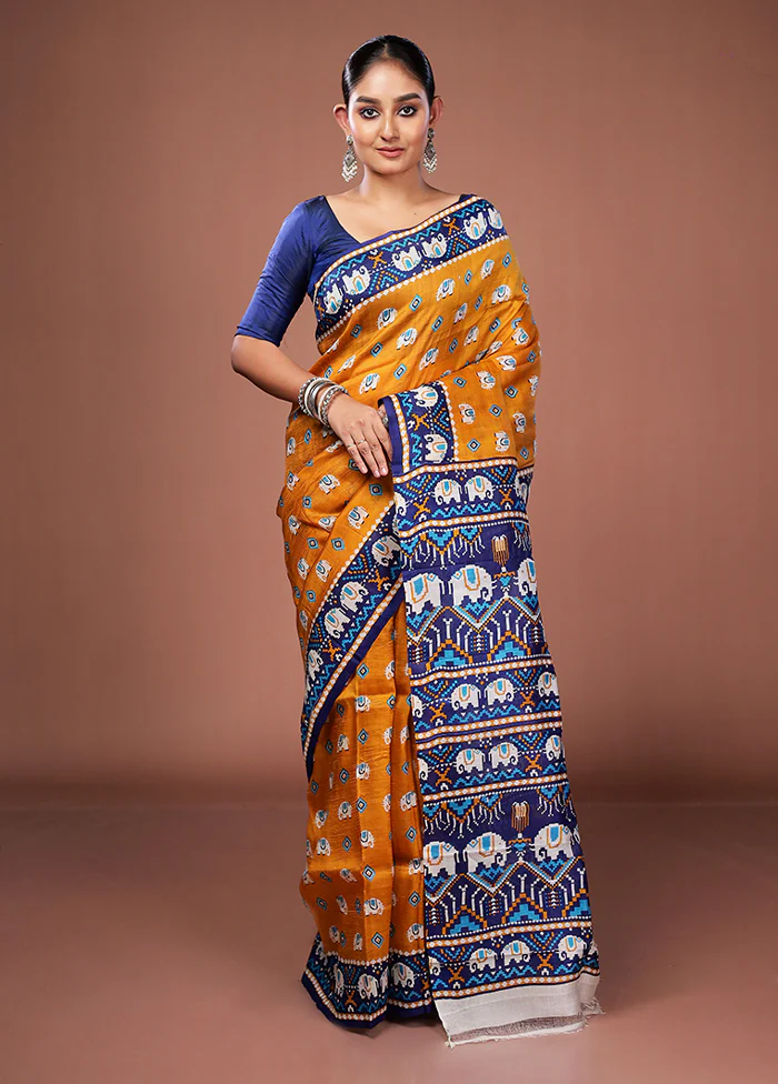 Yellow Printed Pure Silk Saree Without Blouse Piece - Image 2
