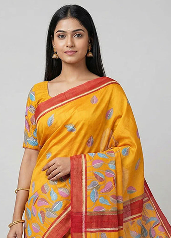 Yellow Printed Silk Saree Without Blouse Piece - Image 2