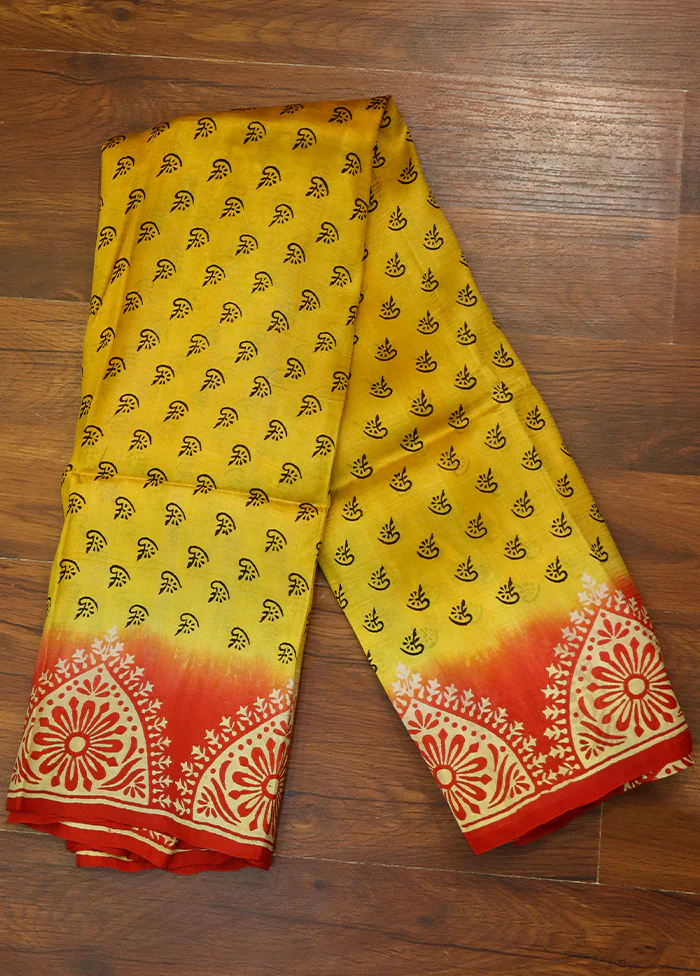 Yellow Printed Pure Silk Saree Without Blouse Piece