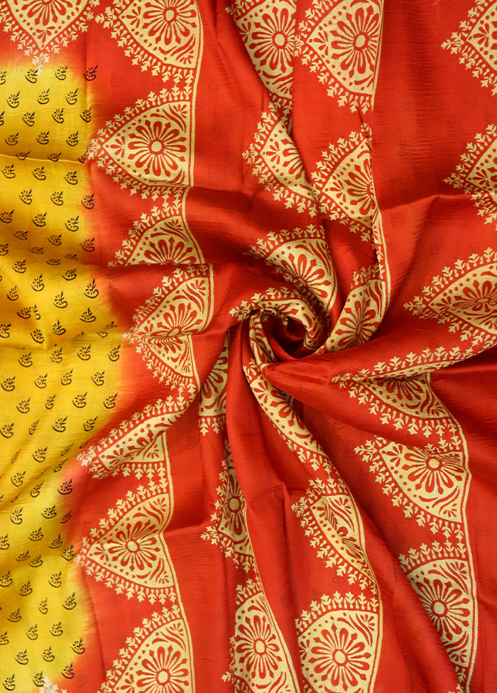 Yellow Printed Pure Silk Saree Without Blouse Piece - Image 2