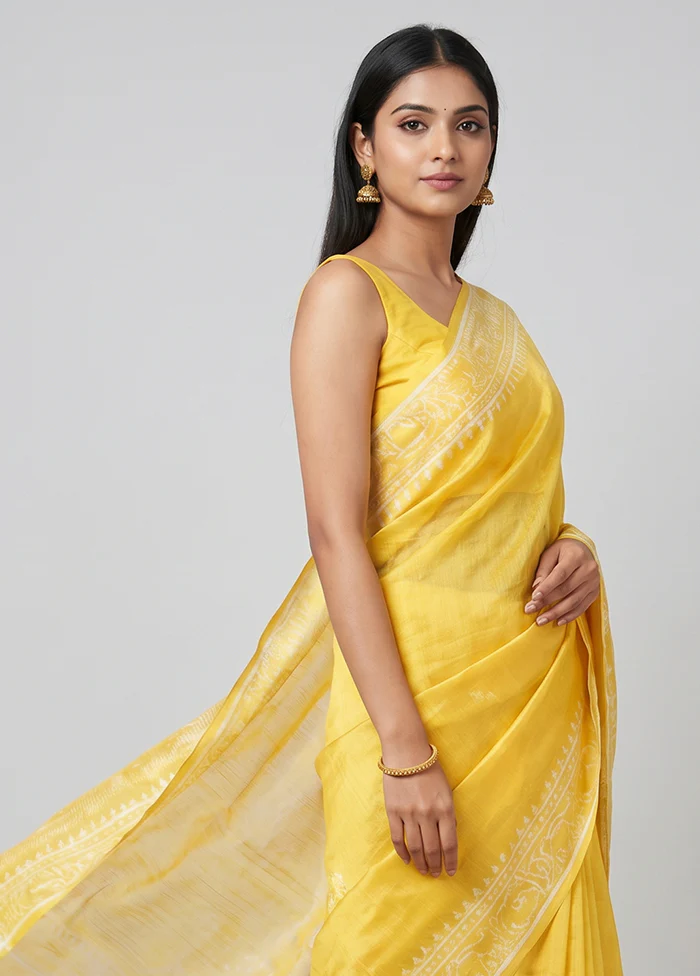 Yellow Printed Silk Saree Without Blouse Piece - Image 2