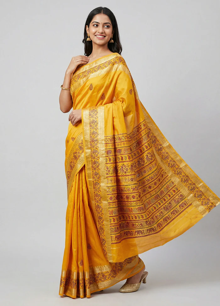 Yellow Printed Pure Silk Saree Without Blouse Piece