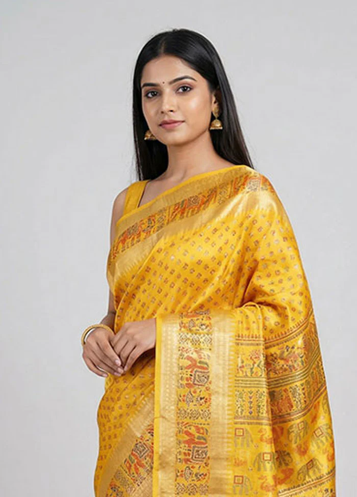 Yellow Printed Silk Saree Without Blouse Piece - Image 2
