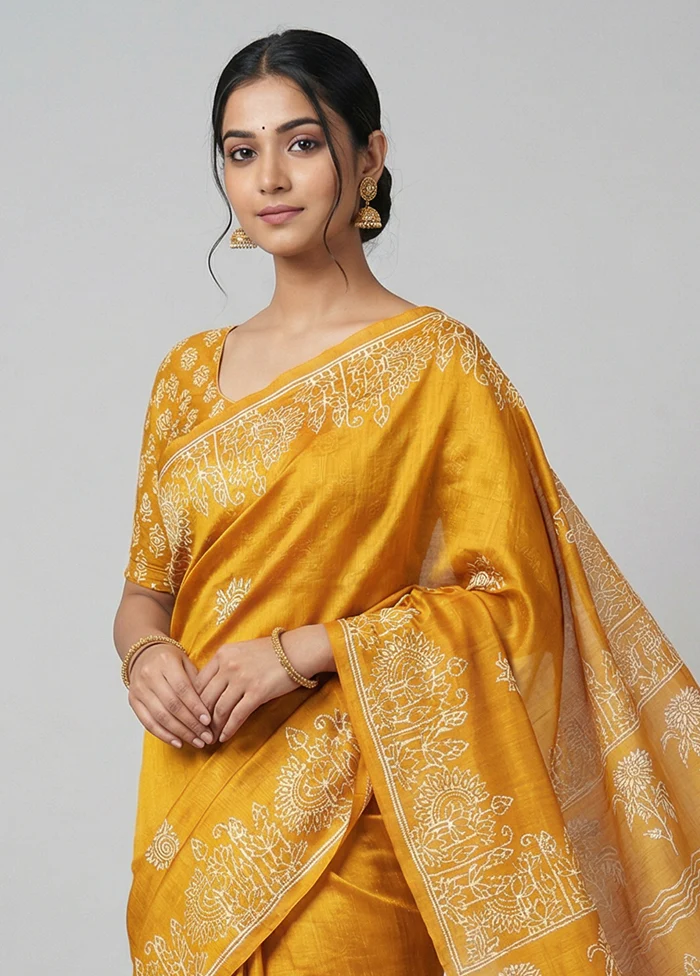 Yellow Printed Silk Saree Without Blouse Piece - Image 2