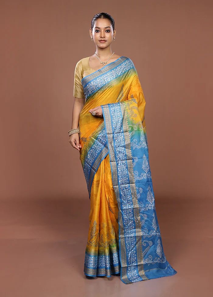 Yellow Printed Pure Silk Saree Without Blouse Piece - Image 2