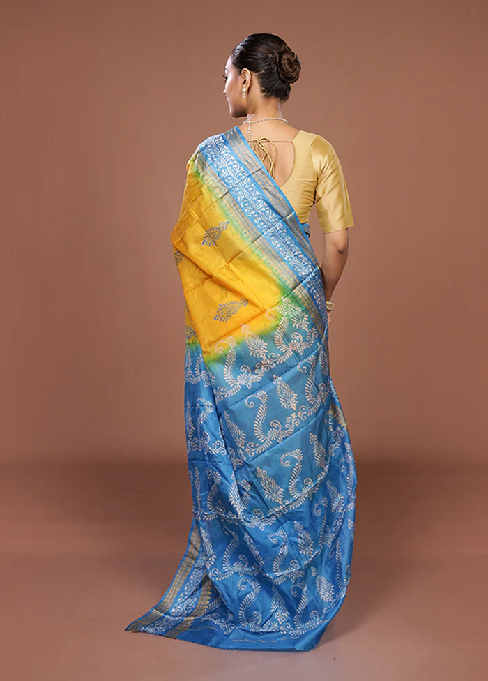 Yellow Printed Pure Silk Saree Without Blouse Piece - Image 3