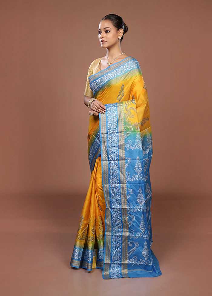 Yellow Printed Pure Silk Saree Without Blouse Piece - Image 4
