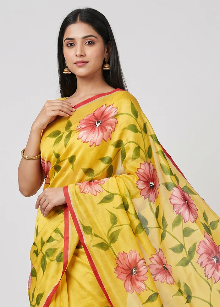 Yellow Printed Silk Saree Without Blouse Piece - Image 2