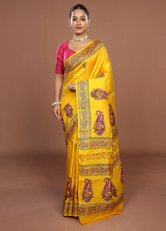 Yellow Printed Silk Saree Without Blouse Piece - Image 2
