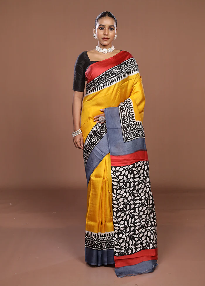 Yellow Printed Pure Silk Saree Without Blouse Piece - Image 2