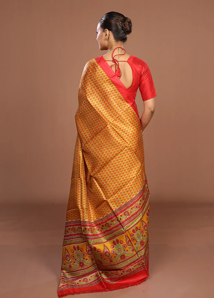 Yellow Printed Pure Silk Saree Without Blouse Piece - Image 3
