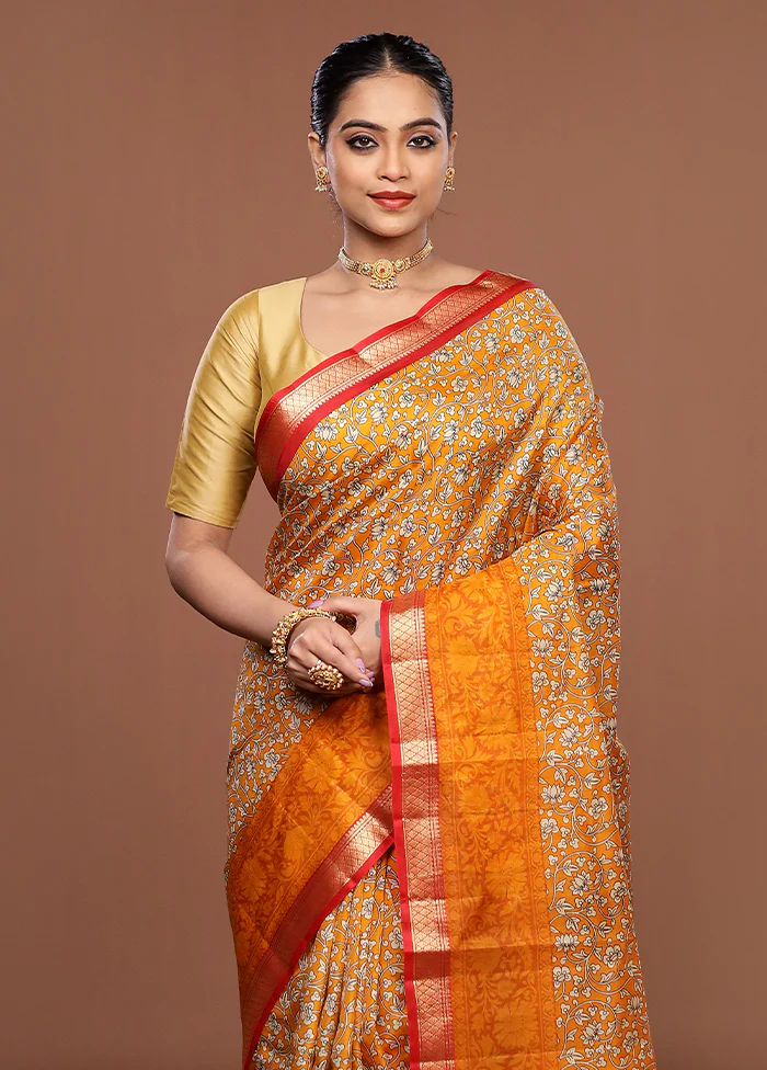 Yellow Printed Silk Saree Without Blouse Piece