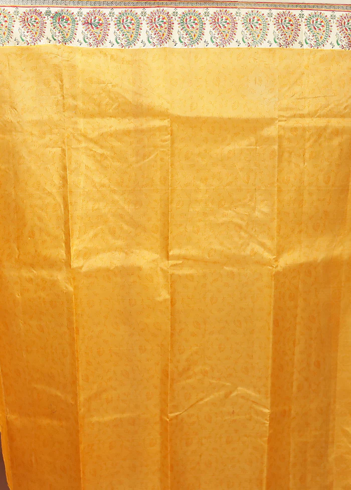 Yellow Printed Pure Silk Saree Without Blouse Piece - Image 5