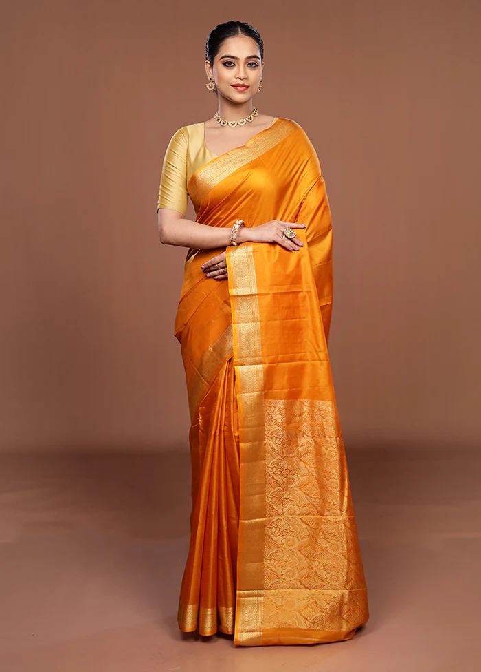 Yellow Printed Pure Silk Saree Without Blouse Piece - Image 2