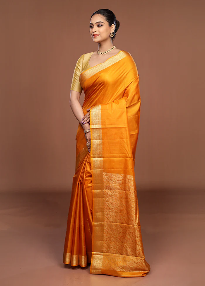 Yellow Printed Pure Silk Saree Without Blouse Piece - Image 4