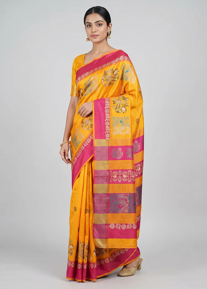 Yellow Printed Silk Saree Without Blouse Piece