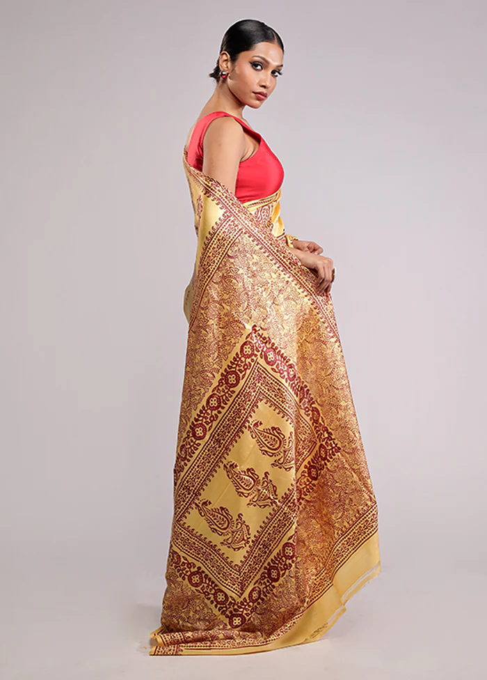Yellow Printed Silk Saree Without Blouse Piece - Image 4